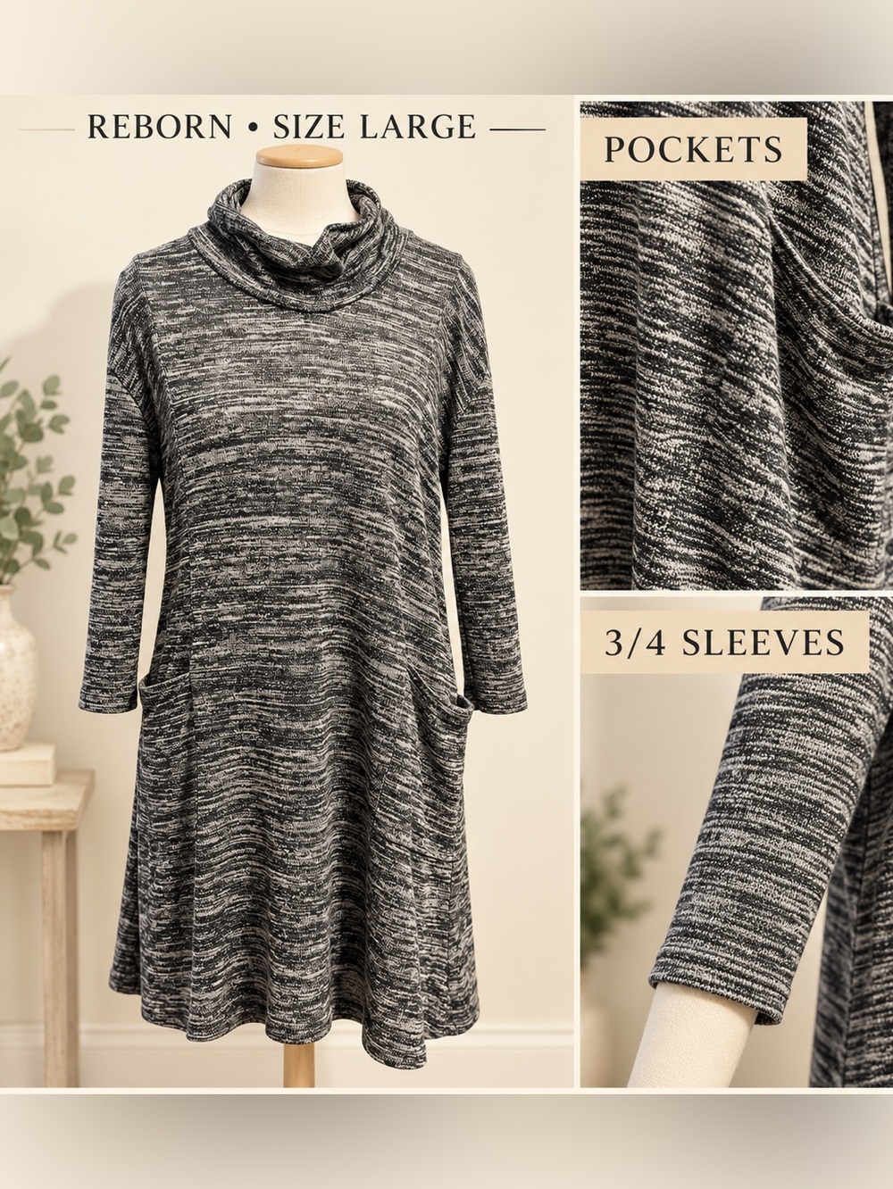 Reborn Marled Cowl Neck Sweater Dress Large 3/4 Sleeve Pockets